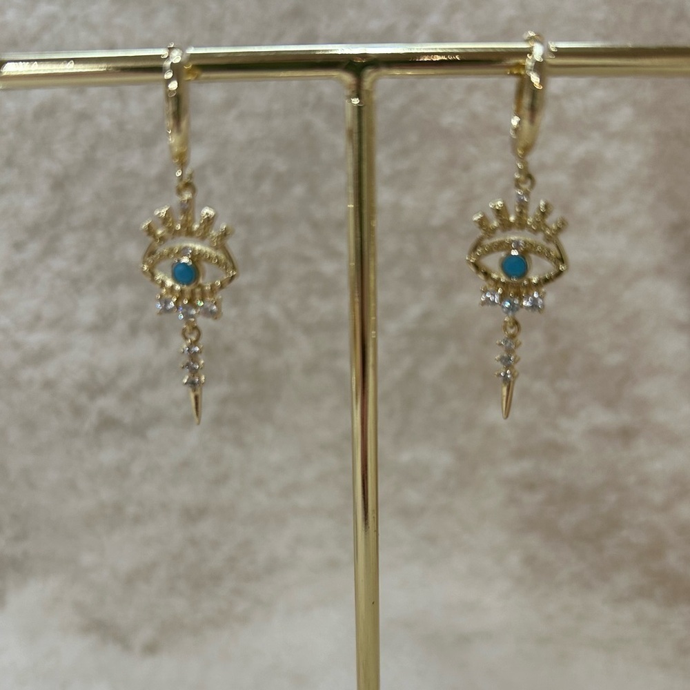 14 KT GOLD PLATED EVIL EYE CUBIC ZIRCONIA RHINESTONE HUGGIE HOOP EARRINGS NWOT